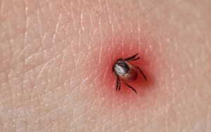 a tick burrowed into skin